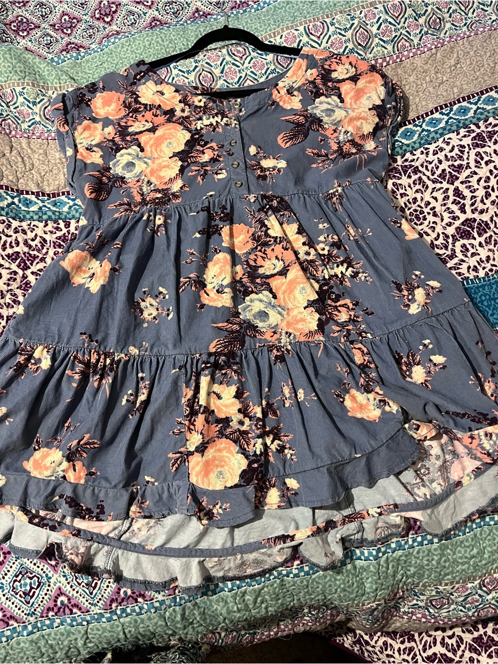 Free People Floral Tiered Top in Dusty Blue and Peach
